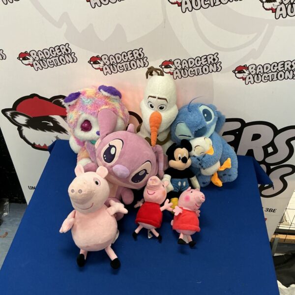 Peppa Pig and Disney soft toy collection featuring Mickey Mouse and Olaf.
