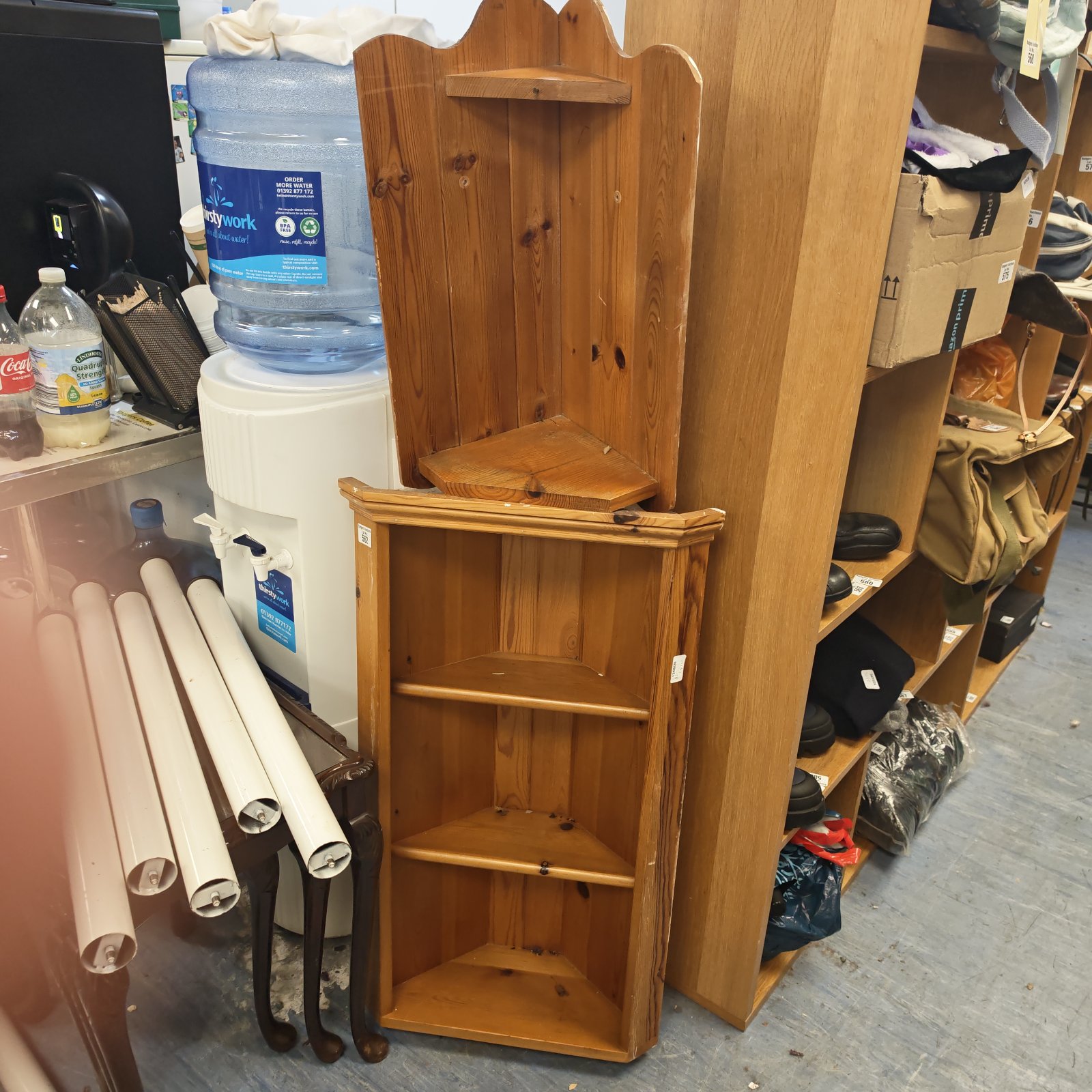 Vintage pine corner shelving unit for wall mounting.
