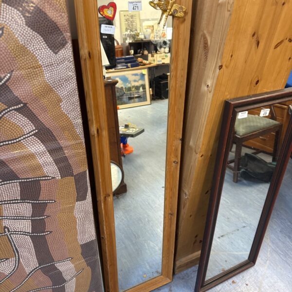 Tall pine framed dressing mirror, full length reflection.