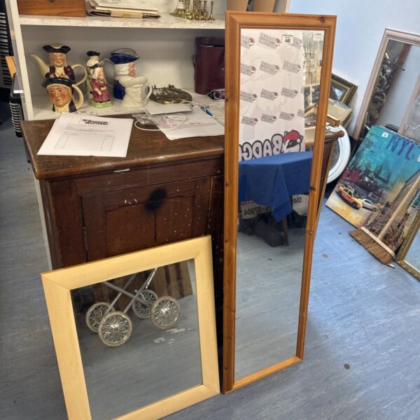 Antique pine dressing mirror with inset mirror, full length view.
