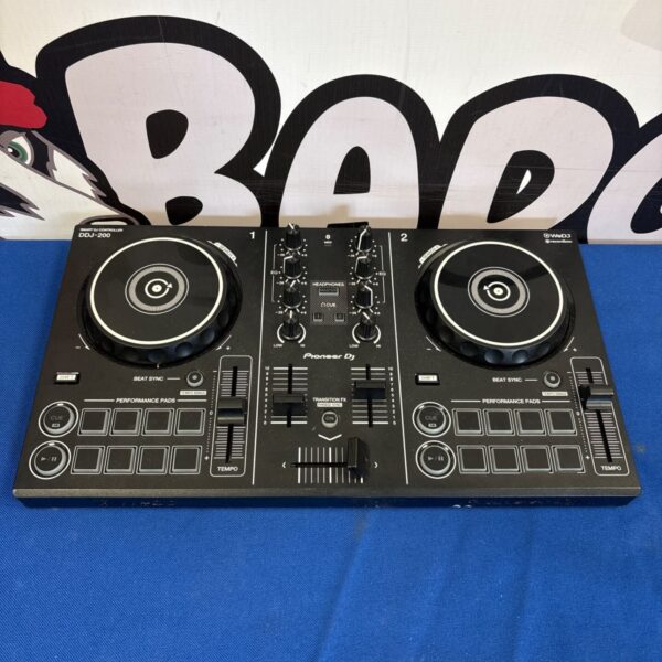 Pioneer DDJ-200 DJ controller, a compact portable unit for music mixing.