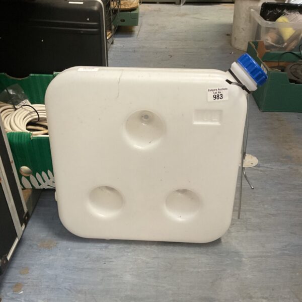 White moulded plastic diesel heater fuel tank with blue screw cap and metal side rod
