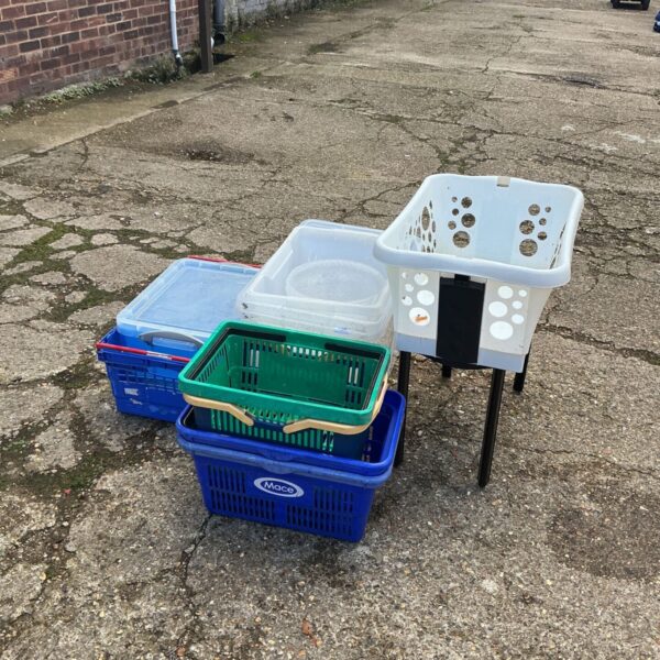 Mixed lot of plastic storage crates and baskets including blue Mace basket