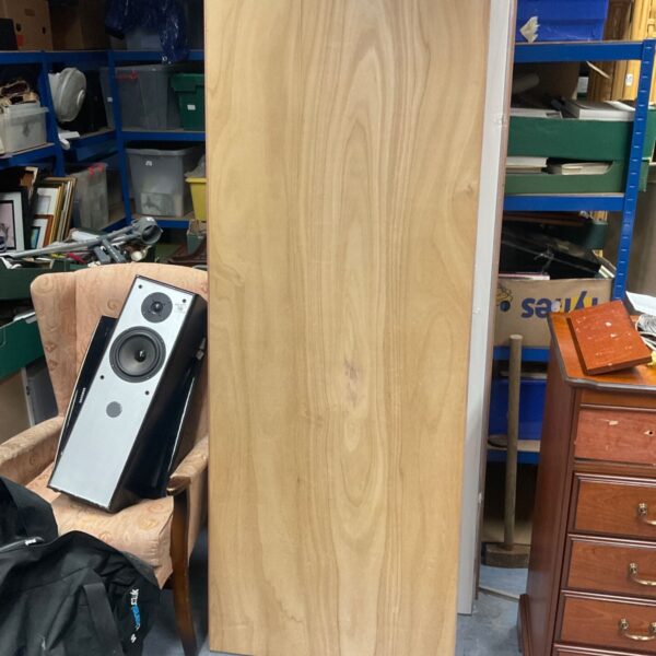 Upright plywood exterior door with pale wood-effect veneer, 78x30 inches, in storeroom