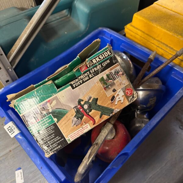 Assorted pneumatic and Parkside electric spray guns in a box.