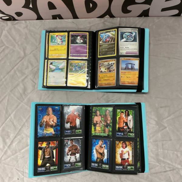 Two teal trading card binders open, one with Pokémon cards and one with WWE cards