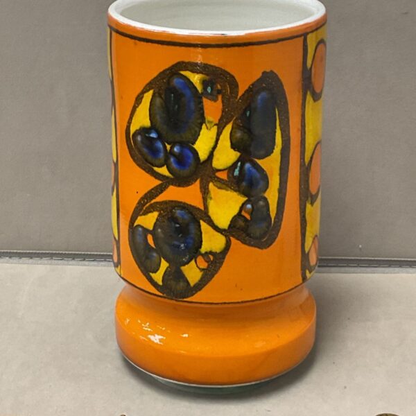 Vintage Poole Pottery Delphis vase with orange and blue design.