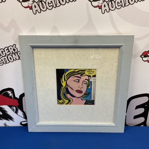 Framed pop art watercolour portrait with "no thank you" caption.