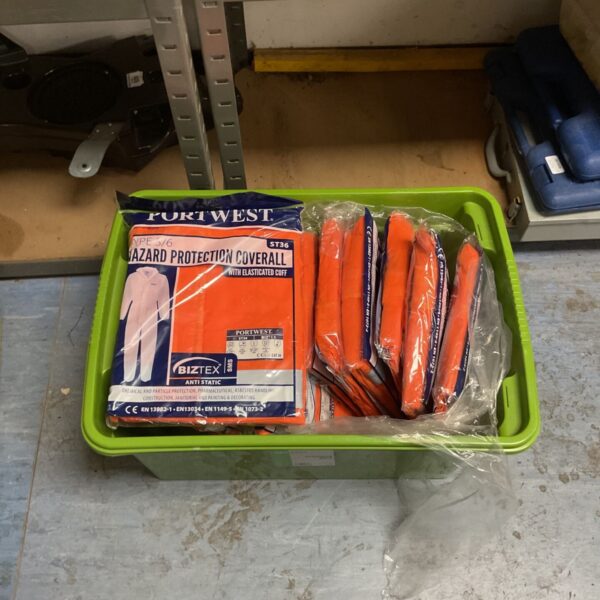 Portwest Biztex Type 5/6 hazard coveralls ST36 packed in a green crate