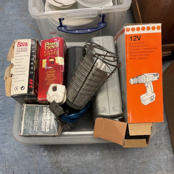 Box of mixed tools including Power Devil cordless drill and jigsaw