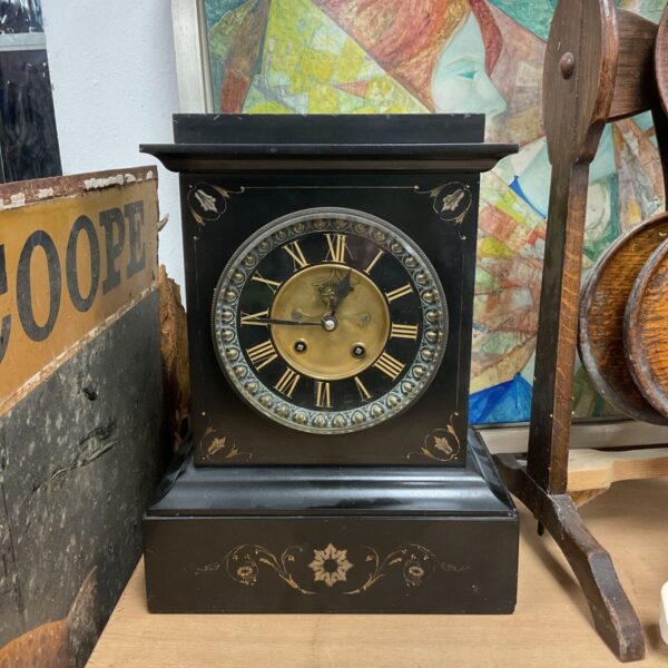 Pre 1900 heavy French slate mantle clock with gilt inlay and gold Roman numeral dial
