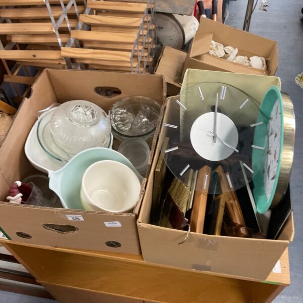 Two boxes of house clearance items including Pyrex dishes and glassware