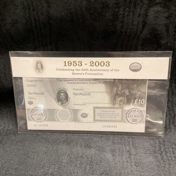 Queen's Coronation 1953-2003 £10 commemorative postal order with counterfoil in protective sleeve