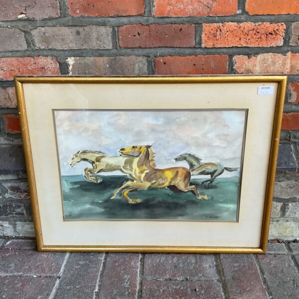 R Gerhardt framed watercolour of wild horses galloping across green landscape