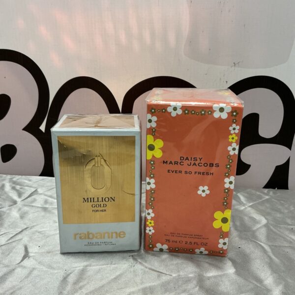 Rabanne Million Gold For Her and Marc Jacobs Daisy Ever So Fresh eau de parfum boxes side by side