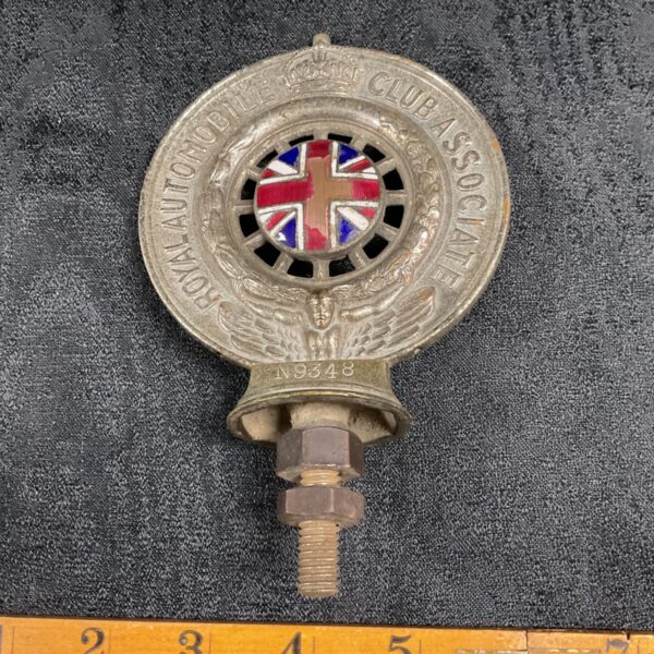 Post war RAC Associate car badge with enamel Union Flag roundel and number N9348