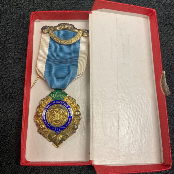 Vintage silver Royal Antediluvian Order of Buffaloes jewel with ribbon.