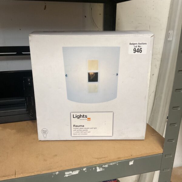 Boxed Rauma mosaic glass square wall light with amber panels