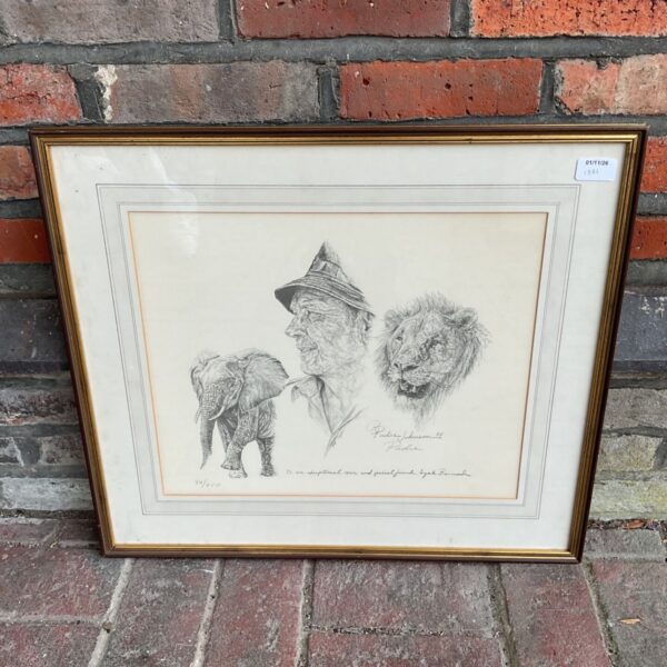 Framed Ray Padre Johnson signed limited edition lithograph wildlife study with elephant and lion