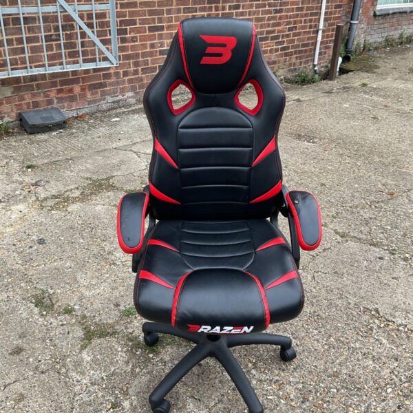 Black and red Razen gaming chair with ergonomic design.