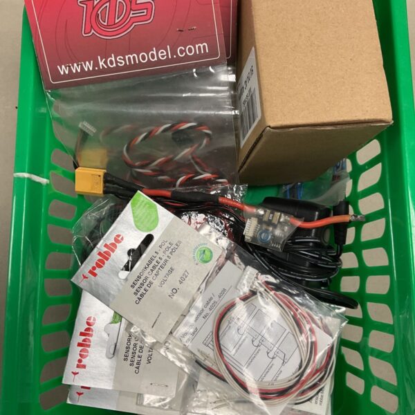 Mixed lot of RC model sensor cables, plugs and KDS accessories in green basket