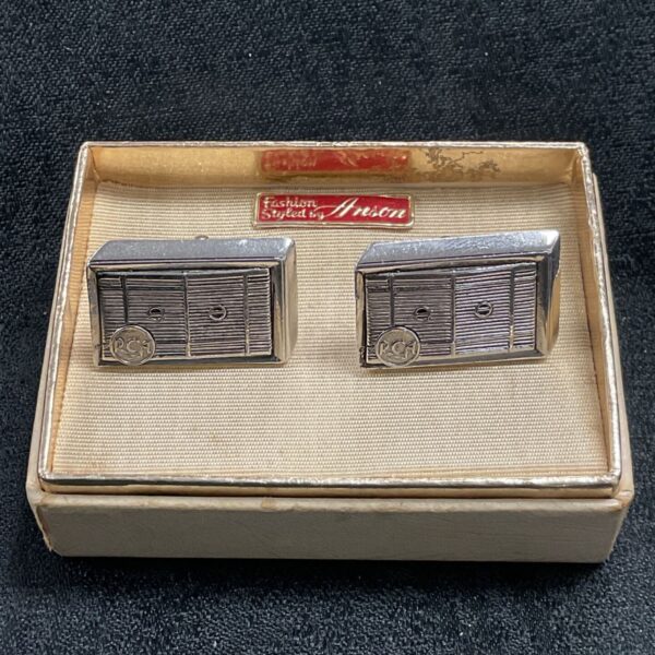 Vintage RCA Radiogram cufflinks, detailed silver-tone men's jewellery.