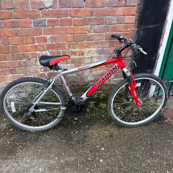 Red and silver Python Rock hardtail mountain bike leaning against brick wall