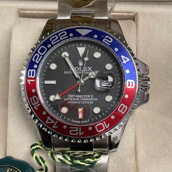 Reproduction quartz Rolex GMT-Master II watch with blue and red bezel