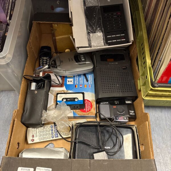 Box of retro electronics including Sony recorder and Olympus Trip MD3 camera