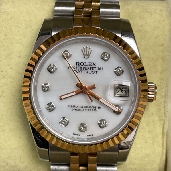 Reproduction Rolex Datejust wristwatch with white diamond-set dial and two-tone bracelet