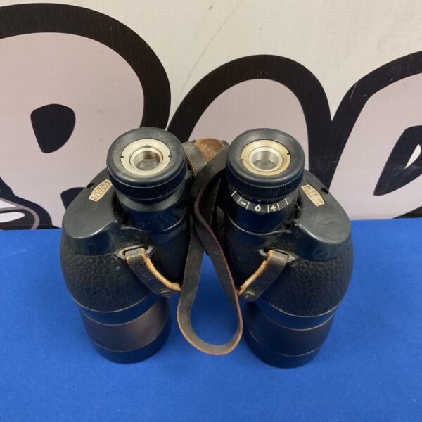 Pair of vintage Ross London 8x40 binoculars with leather strap, viewed from eyepieces