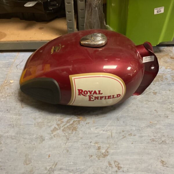 Red Royal Enfield Classic fuel tank with cream badge panel and chrome cap