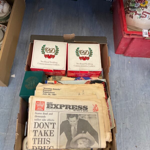 Box of Royal Memorabilia including newspaper articles and goblets.