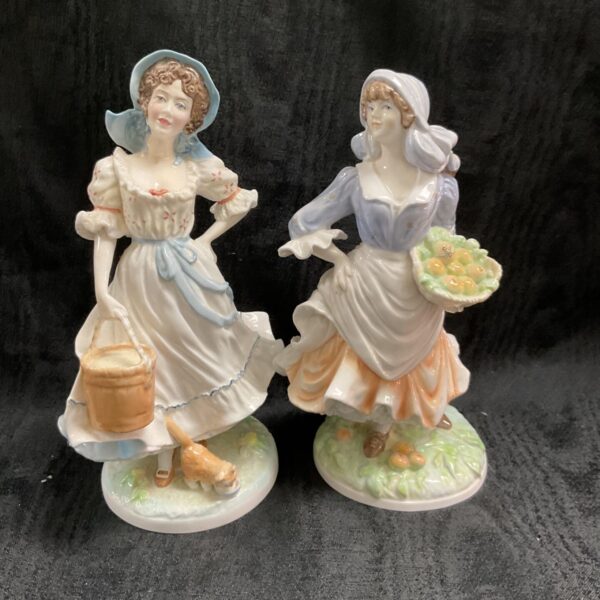 Royal Worcester Old Country Ways figurines, Rosie and the Milkmaid, porcelain collectibles.