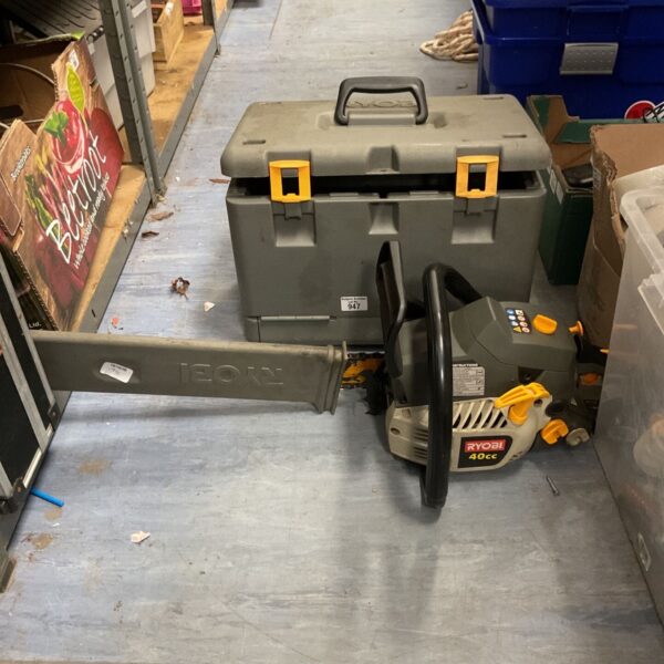 Used Ryobi 40cc petrol chainsaw with storage case.