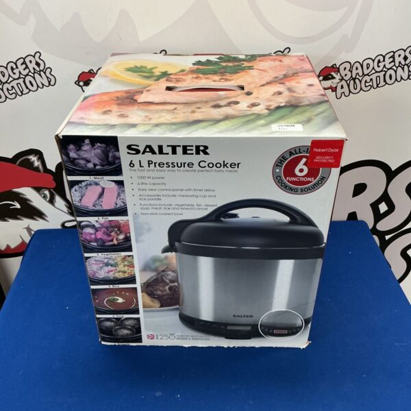 Salter 6L pressure cooker with digital display and control panel.