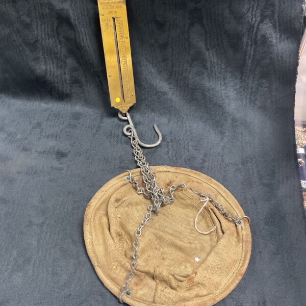 Vintage 1945 Salter spring balance scales with canvas bag.