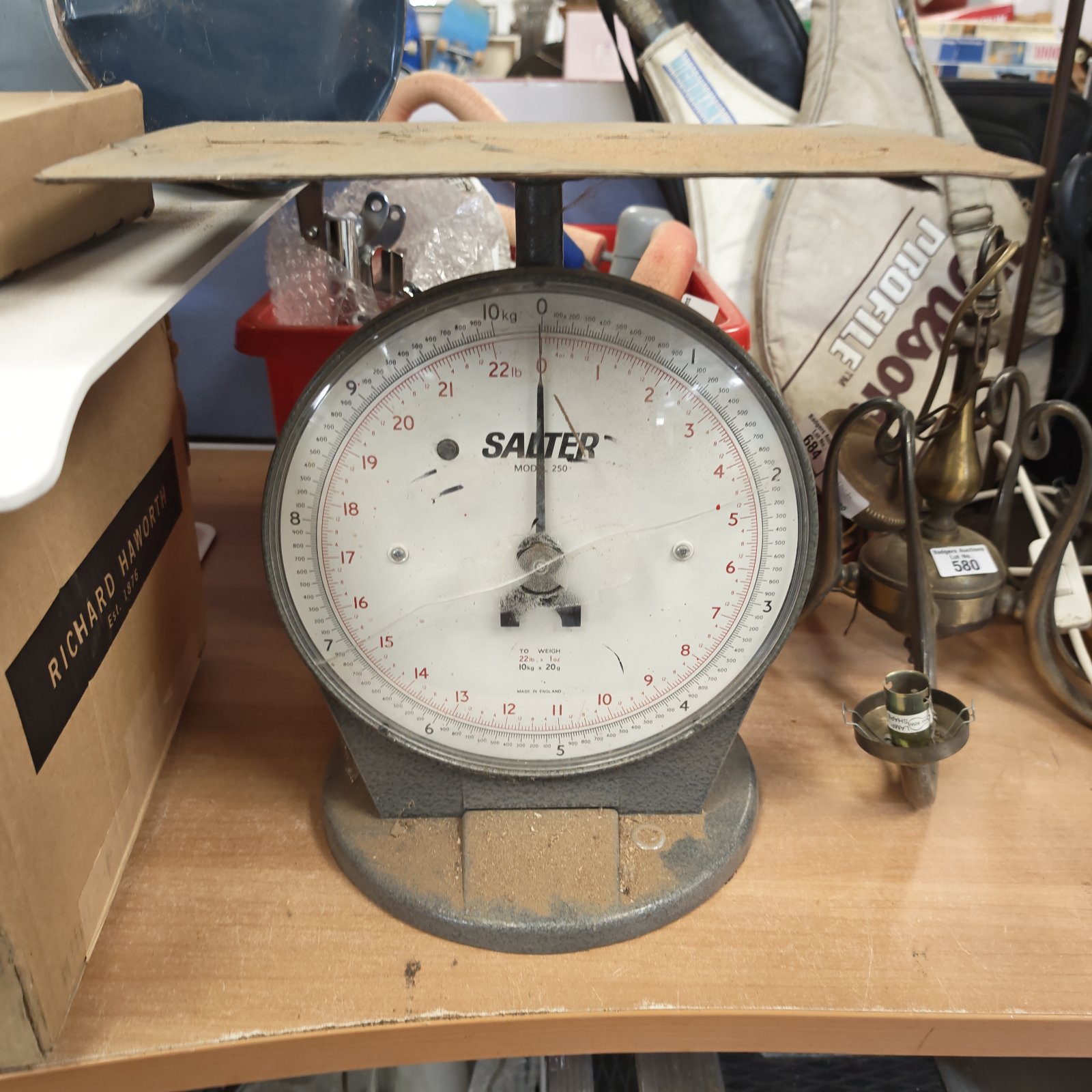 Vintage Salter Model 250 scales with enamel dial and cast iron base.