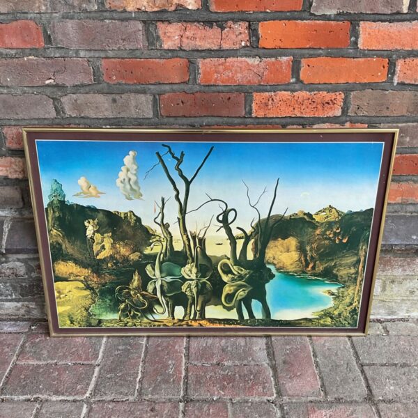 Vintage Salvador Dalí print, Swans Reflecting Elephants, surrealist art.