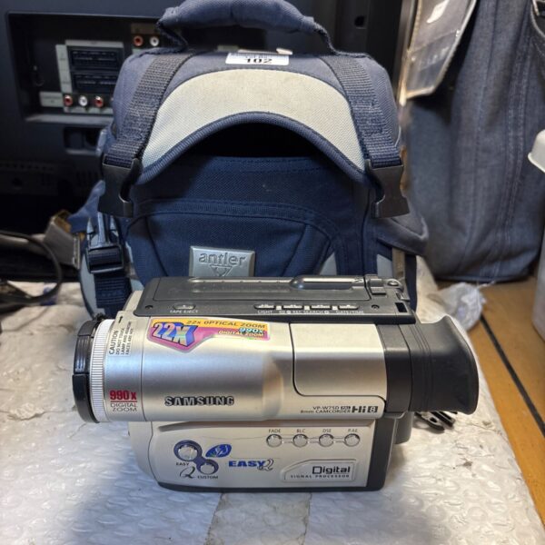 Vintage Samsung VP-W7 5D camcorder in carrying case.