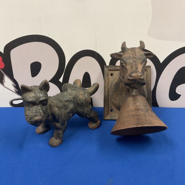 Vintage cast iron Scottie dog and cow bell lot for farmhouse decor.