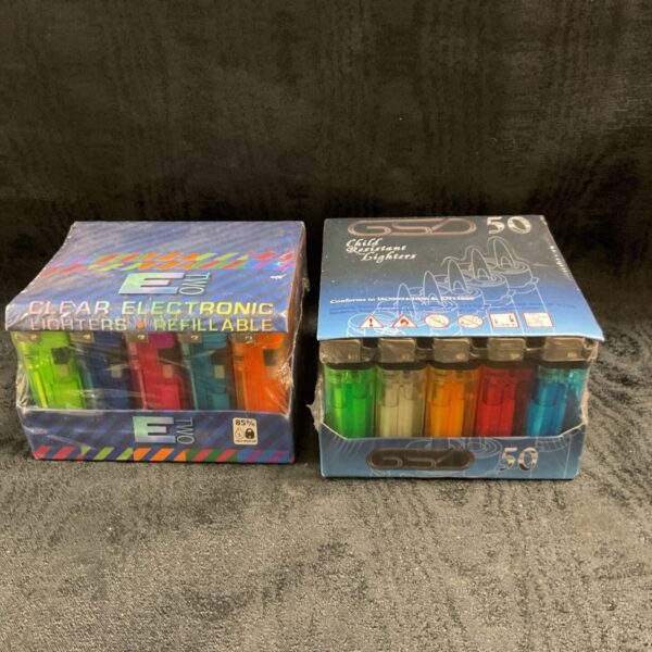 Two sealed packs of E Two refillable electronic lighters and GSD50 child resistant lighters