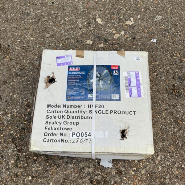Sealey 20 inch industrial high velocity floor fan in packaging.