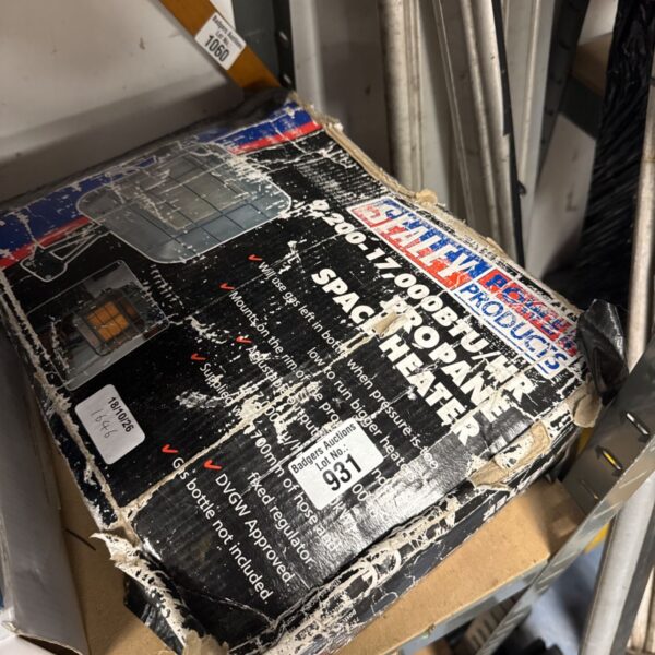 Sealey propane space heater with BTU rating visible.