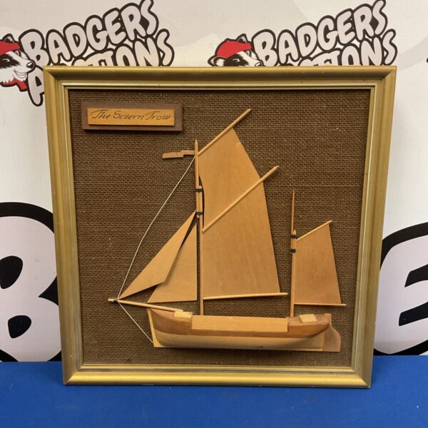 Framed walnut Severn trow ship wall art with raised wooden sails