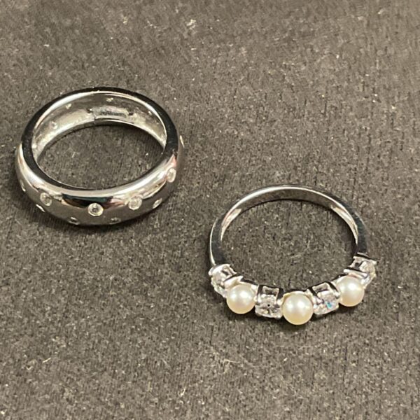Silver rings with CZ and seed pearls, size M.