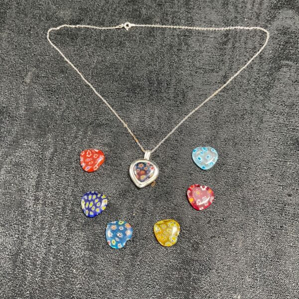 Silver interchangeable heart pendant necklace with colourful centre.
