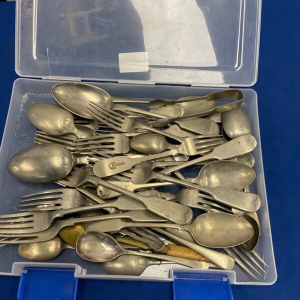 Vintage silverplate cutlery set displayed in a case.