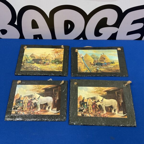 Set of four slate farming prints depicting rural scenes.