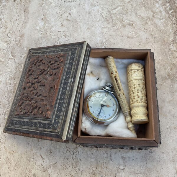 Smiths Empire pocket watch and carved bone pipe tampers in inlaid wooden box